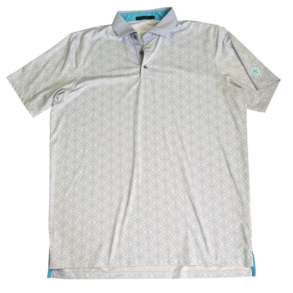 Greyson Mens Wolf Logo Golf Polo Shirt White Blue Geometric Pattern Large